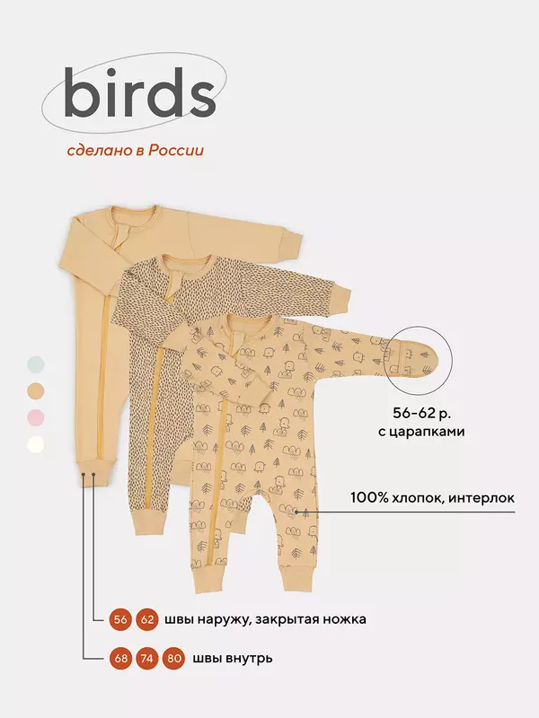 Комбинезон Mowbaby Birds на молнии (3 шт.) yellow арт. 1282